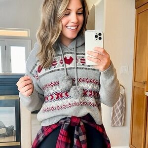 Ruby Moon Fair Isle Heart Hoodie Sweater Small Gray‎ Red Knit Pullover